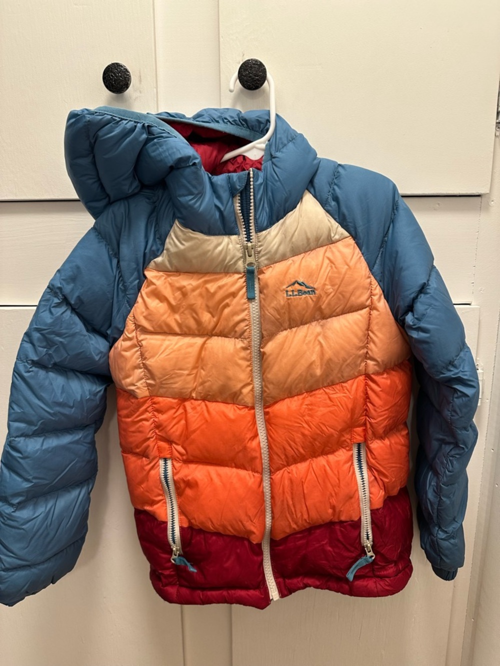 L.L. Bean Kids Multicolor Stripe Puffer Jacket - Teal, Orange, Red, Cream 6X/7